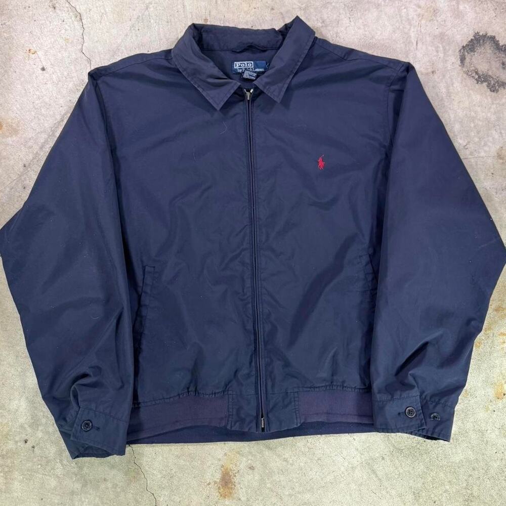 Vintage Ralph lauren navy harrington jacket navy blue red pony XL preppy READ